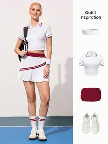Gameset SHEIN Sport Women's Contrast Trim Short Sleeve Fitted Summer Sports Polo Shirt - White - View 5