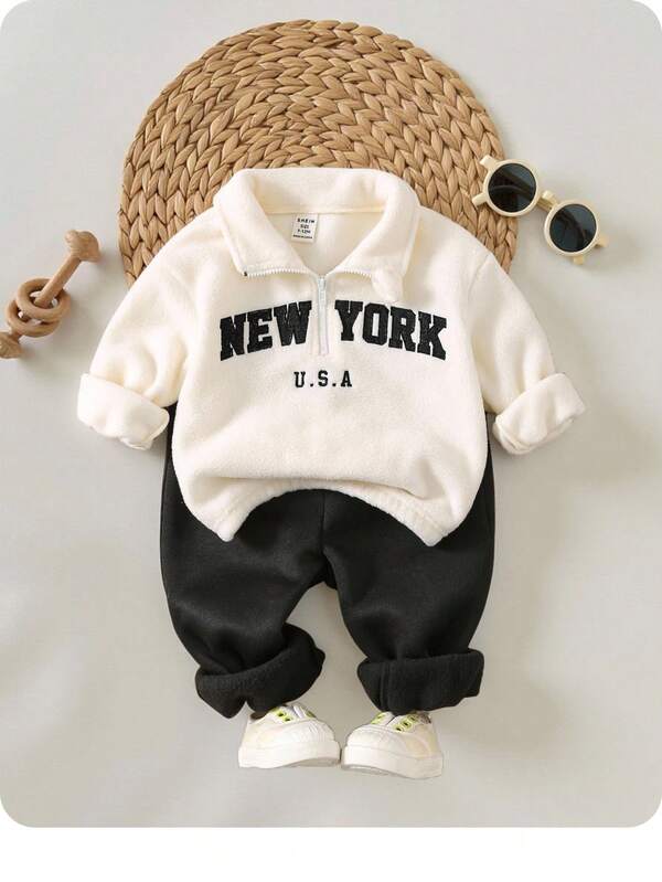 SHEIN 2 piezas Conjunto de niño bebé con chaqueta con cuello alto esponjoso con bordado de letra linda y pantalones de cintura elástica, otoño invierno