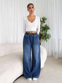 SHEIN Tall 女士休闲宽松口袋保暖牛仔裤，高个女款，秋冬季黑色保暖牛仔裤 - 藍色 - 查看 6