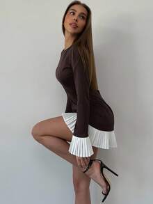 Aloruh 女式优雅通勤拼色褶皱喇叭袖中长连衣裙 - 咖啡棕 - 查看 7