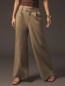 Hauture Formal Old Money Business Office Fall Suiting Solid Wide Leg Pants - Brown - View 4