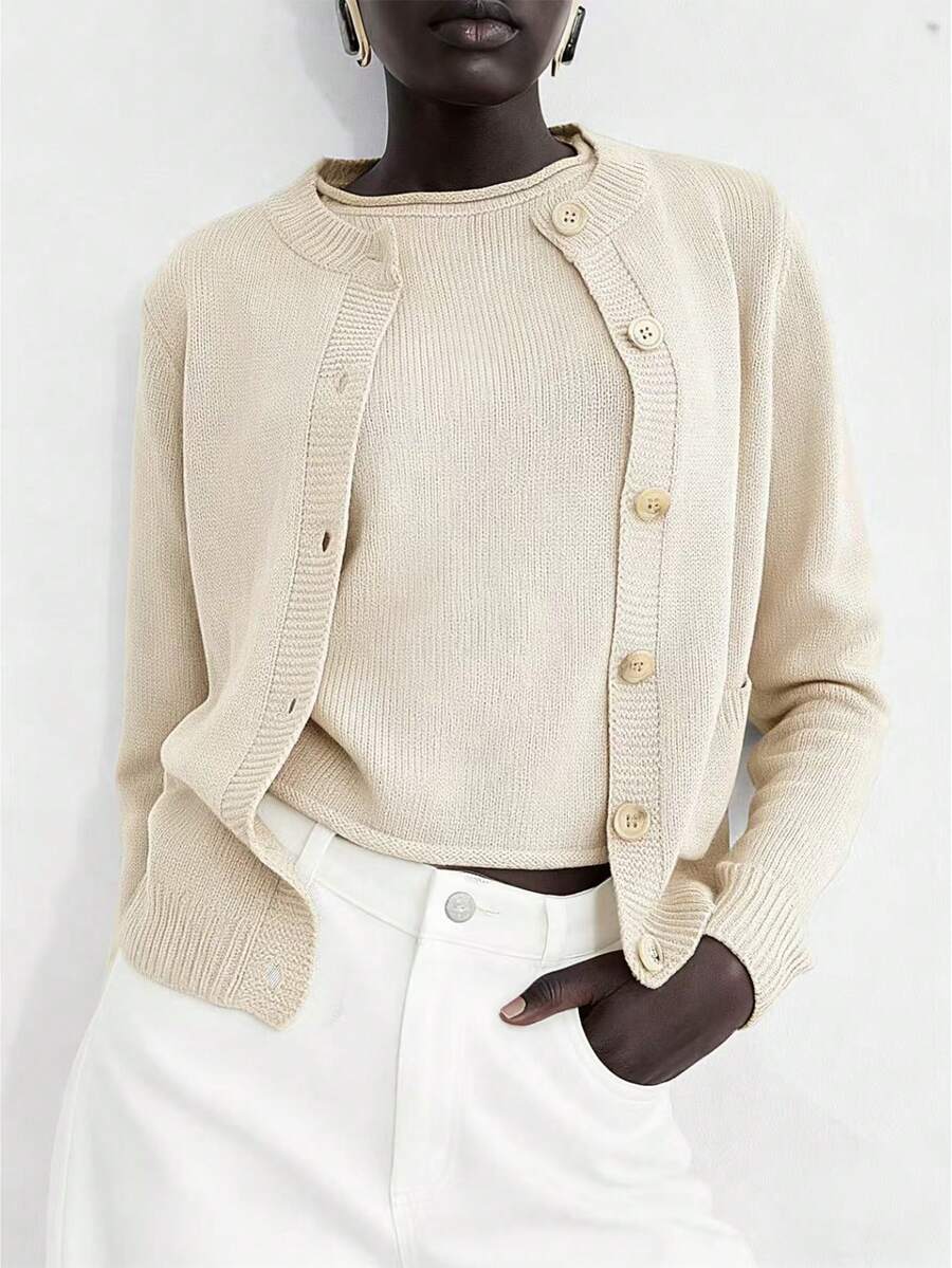 Lumivelle 2 件针织长袖开衫和无袖针织背心套装，百搭 - 杏色 - 查看 1