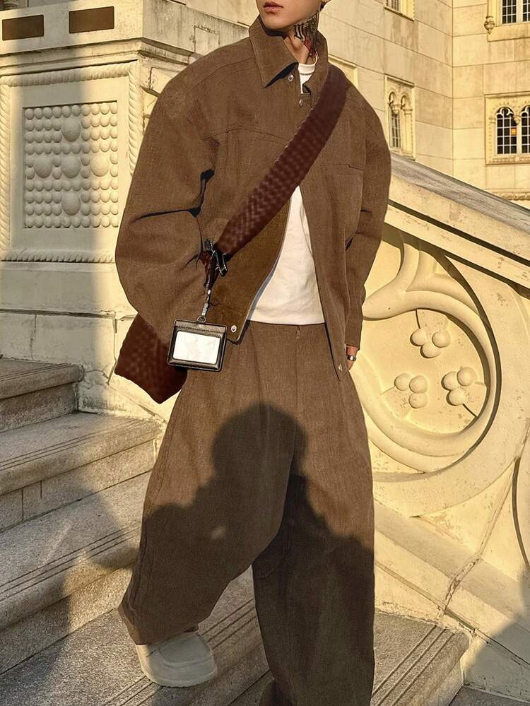Men's Solid Color Brown Short Jacket Set, Autumn