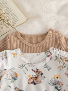 SHEIN 2pcs/Set Newborn Baby Girls Cute Pattern & Solid Color Snap Shoulder Round Neck Long Sleeve Dress, Versatile For Everyday Wear - Multicolor - View 6