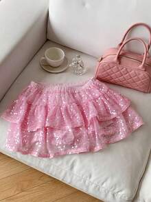 Comfortcana Váy xếp tầng thời trang đính sequin, cạp chun co giãn dành cho nữ. - Hồng - Xem 5