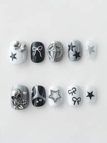 ROMWE Anime 10pcs Cute Bowknot Music Note Star Element High Quality Handmade False Nails + 3pcs Double-Sided Adhesive, Y2K French Style Rhinestone Chain Polka Dot Removable Nail Art Stickers, Suitable For Holidays, Parties, Dancing And Daily Wear - Multicolor - View 2