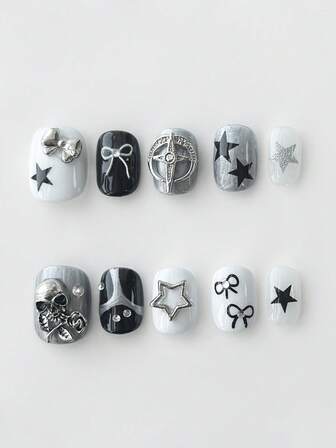 Anime 10 Stück süße Schleifen-Musik-Noten-Stern-Elemente hochwertige handgefertigte Kunstnägel + 3 Stück doppelseitiger Kleber, Y2K französischer Stil Strass-Kette Polka-Punkt abnehmbare Nail-Art-Aufkleber, geeignet für Feiertage, Partys, Tanzen und den täglichen Gebrauch