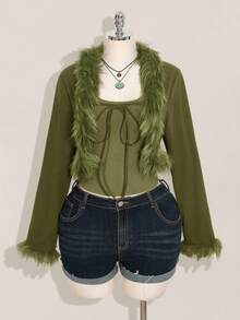 SHEIN ICON Áo khoác croptop buộc dây phía trước viền lông Y2k màu đen Plus dành cho nữ mùa thu đông - xanh quân đội - Xem 3
