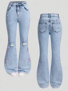 جينز بناتي مراهقات موضة خريف/شتاء 2025 مغسول بلون أزرق فاتح ممزق مع تطريز فراشة، جيوب حقيقية، ساق واسعة متنوعة، خصر عالي، مرن، نحيف، مناسب للارتداء اليومي، المدرسة، التنقل، الحفلات، المنزل، موسم العودة إلى المدرسة، المهرجانات الخريفية