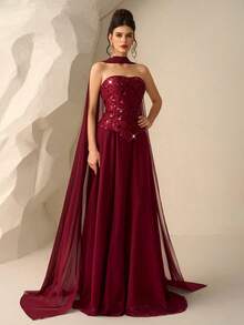 Coutiva Váy dài tay đính sequin thanh lịch, váy dạ hội cao cấp cho tiệc tối - Màu Đỏ Sâu - Xem 6