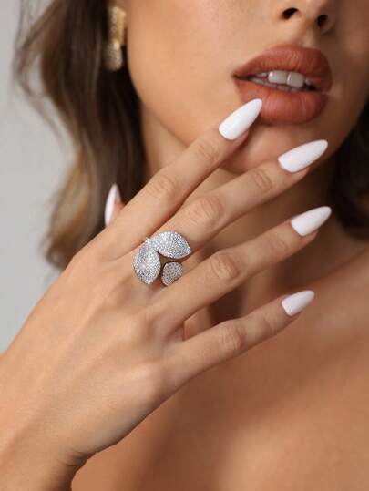 CUCCOO SZL 1入流行的立體氧化鋯石葉子裝飾開口戒指,適合女性日常穿戴