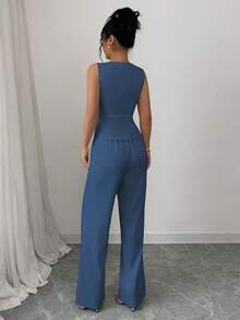 Elenzga Women Elegant Sleeveless Blazer Vest And Suit Pants Set, Business Commuter Style, Summer - Dark Wash - View 2