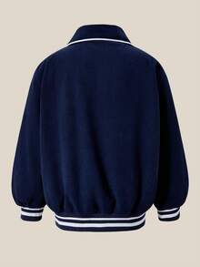 SHEIN Toddler Girls' Fashionable Casual Versatile Blue Jacket, Ribbed Cuffs & Hem, Long Sleeve, Collegiate Style Outerwear, Suitable For Autumn/Winter Outings, Suitable To Pair With Jeans, Sweatpants, Tops - Navy Blue - View 4