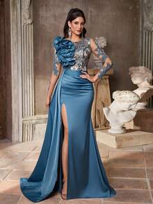 Aureia 优雅奢华亮片装饰缎面 V 领雪纺超长垂坠袖褶皱前鱼尾披肩，适合所有正式场合、派对、庆典、婚礼、正式晚礼服 - 香檳色 - 查看 5