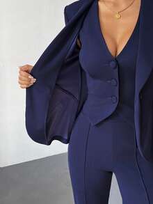 SHEIN PETITE 三件套：深蓝色长袖西装外套、马甲和长裤，性感通勤约会装，秋冬季舒适女装，商务休闲女装，女士西装裤套装，两件套女装 - 藏蓝色 - 查看 8