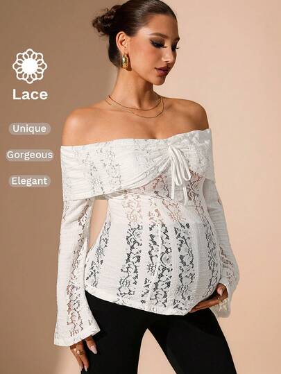 MaterniChic Elegant Sexy Solid Color Lace Off Shoulder Blouse For Pregnant Women