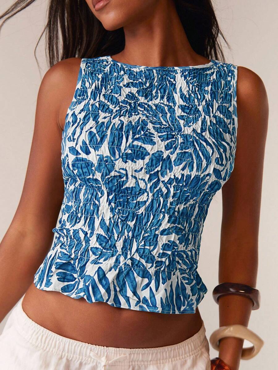 Athîral Damen Pflanzen-Muster gerafftes ärmelloses Crop Top