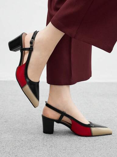 CUCCOO BIZCHIC Women's Fashion Pointed Toe Black & Beige Color Block Thick Heel High Heel Pumps With Ankle Strap, Versatile For Daily Wear And Commuting For Christmas