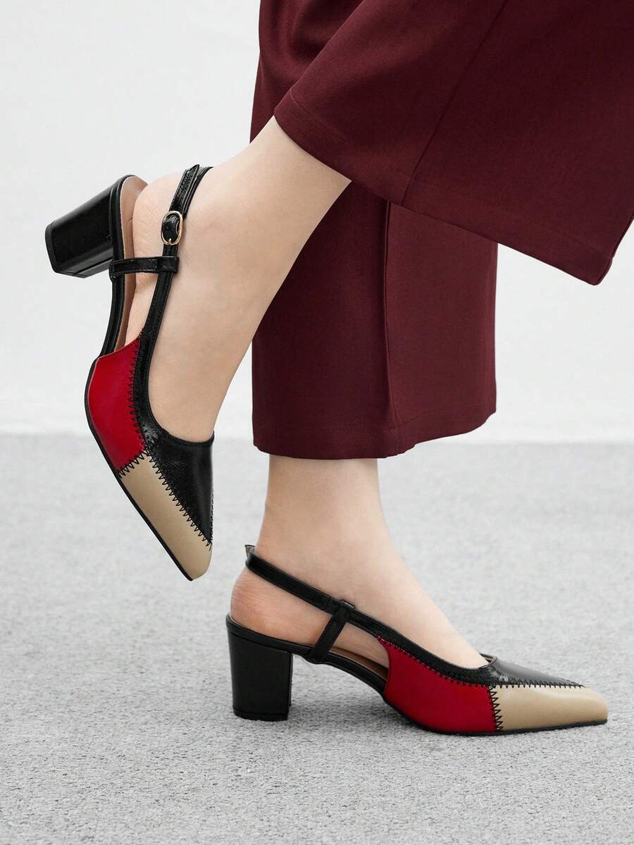 CUCCOO BIZCHIC 女士时尚尖头黑色米色缝线粗跟高跟鞋，圣诞节和春季日常通勤百搭鞋 - 黑色 - 查看 1