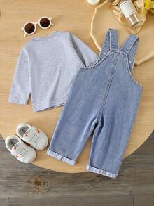 SHEIN Vintaside Kids 嬰兒時尚牛仔吊帶褲與長袖T恤套裝 寶寶復古吊帶褲 男童女童牛仔褲 藍色男童套裝 - 灰色 - 查看 3
