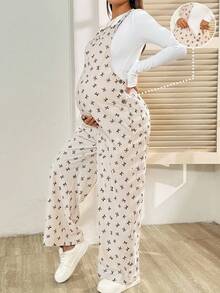 SHEIN 孕妇蝴蝶结印花时尚无袖连体裤 - 卡其色 - 查看 1