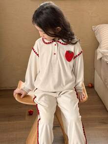 SHEIN Young Girls Casual Collared Pullover Sweatshirt & Tapered Leg Pants Set - Khaki - View 6