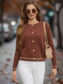 EMERY ROSE Cardigan décontracté à boutons avec bordure contrastée pour femmes, automne/hiver