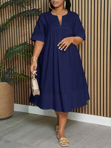 Slaydiva Plus Size Elegant & Commute & Vacation & Daily Loose Solid White Short Sleeve Notched Neck A-Line Knee-Length Dress For Women, Spring/Summer - Navy Blue - View 2