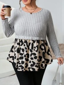 SHEIN CURVE+ 大码女士休闲优雅豹纹罗纹拼布毛衣，秋冬 - 彩色 - 查看 6