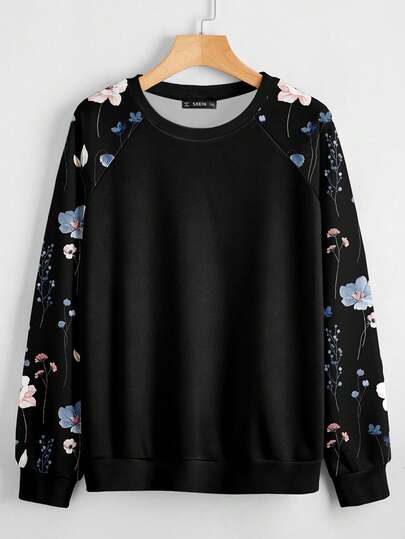 EMERY ROSE 休闲简约百搭插肩袖碎花加大码女式运动衫，适合秋冬季