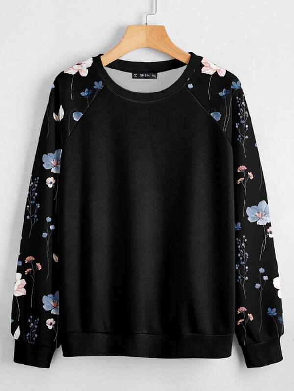 EMERY ROSE 休闲简约百搭插肩袖碎花加大码女式运动衫，适合秋冬季