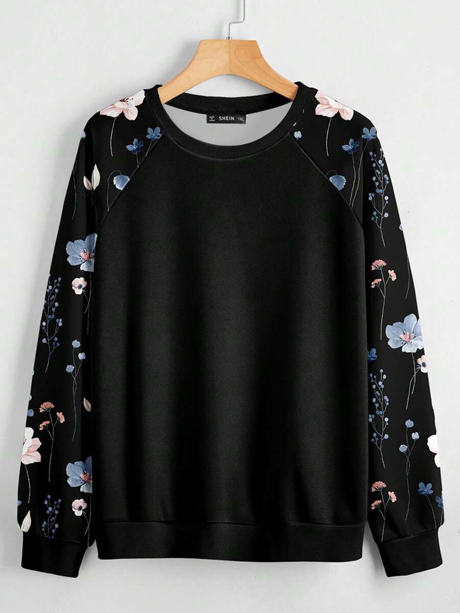 EMERY ROSE Casual Minimalist Versatile Raglan Sleeve Ditsy Floral Plus Size Women Sweatshirt, Suitable For ,Spring