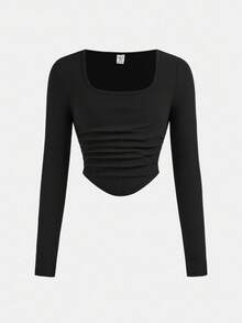 SHEIN Tween Girl Casual Street Style Ruched U-Neck Long Sleeve Ribbed Knit Fitted T-Shirt And Pleated Wide Leg Sweatpants Set, Suitable For Home, Outdoor, School, Black Pants And Top Set Young Girls Casual Versatile A Effect Jumpsuit Pant 15 Years Old Girls Pants Suit - Black - View 9