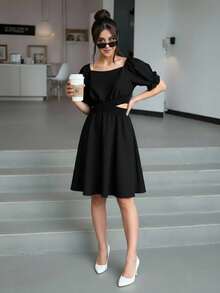 夏日少女純色方領短袖蓬蓬裙連衣裙，腰部空心設計，適合度假 - 黑色 - 查看 3