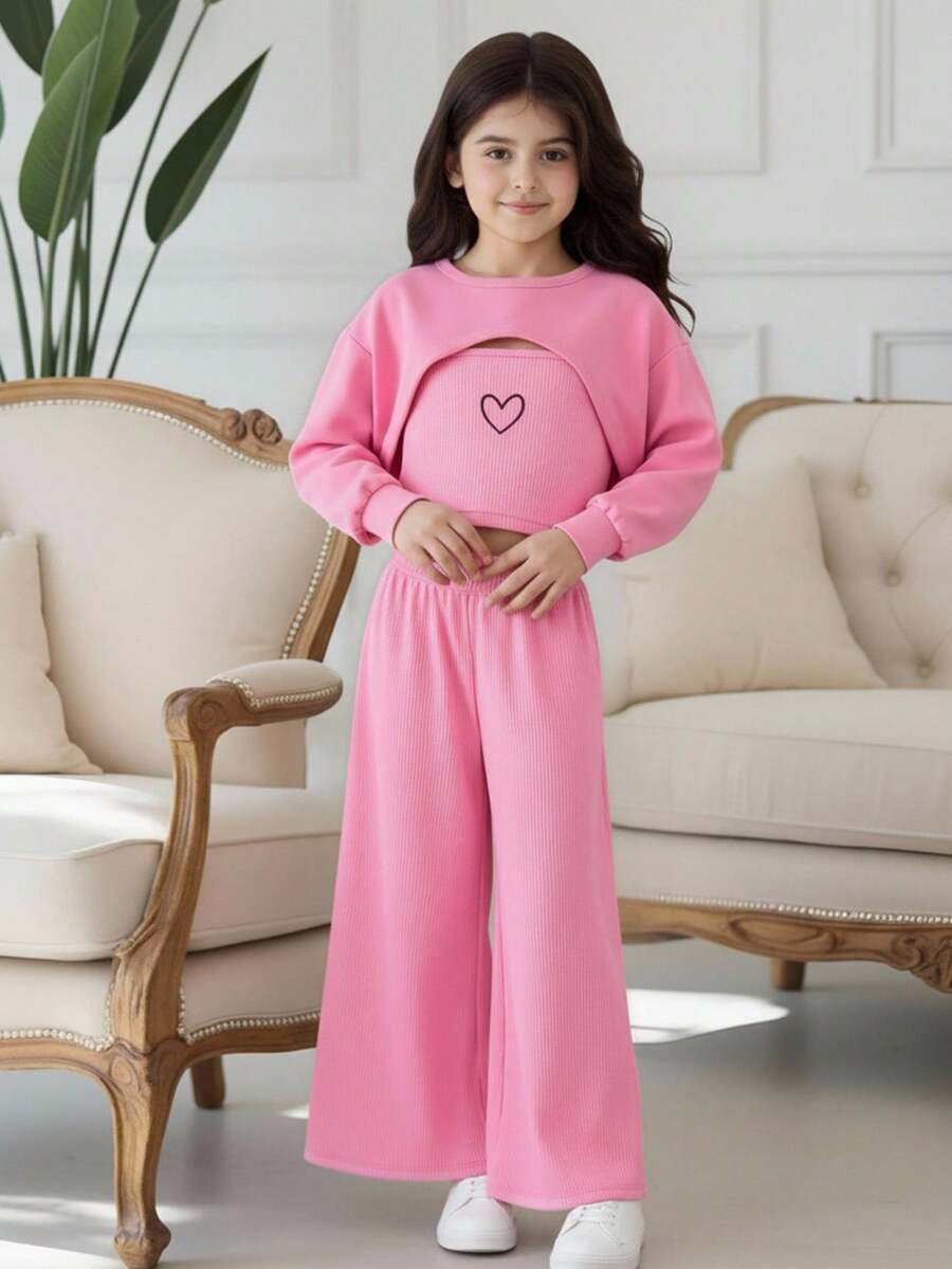 SHEIN Conjunto de niña preadolescente con chaqueta corta minimalista de cuello redondo y manga larga con Top y pantalones