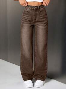 SHEIN Tall 女式高腰口袋阔腿宽松休闲牛仔裤 - 咖啡棕 - 查看 2