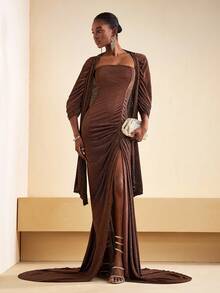 Zivah 2025 秋季新品万圣节生日派对宴会学院风学生日常休闲百搭邮轮旅行热门优雅通勤商务休闲露肩修身高开叉鱼尾下摆连衣裙搭配宽松超长袖罩衫，咖啡色褶皱面料，女士两件套，秋冬 - 鏽棕色 - 查看 6