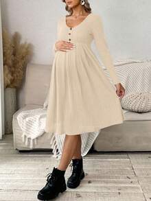 SHEIN Maternity Solid Ribbed Collar Button Front Long Sleeve Dress, Spring/Autumn - Apricot - View 8