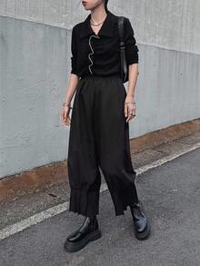 FRIFUL 女式纯黑色百褶下摆宽松休闲裤，适合秋季穿着 - 黑色 - 查看 7