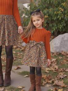 SHEIN Young Girls,Tween Orange Ribbed Patchwork Ditsy Floral Gigot Sleeve A-Line Dress,Autumn Winter Casual School Birthday Party Princess Clothes For Girls - Black - View 11