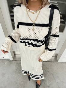 DAZY Women's Casual Contrast Striped Sweater And Skirt 2 Pieces Set, Autumn - Beige - View 8