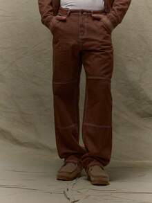 Musero Jeans rectos de hombre con detalles de costuras contrastantes, cierre con botones, para otoño, primavera y verano - Marrón - Ver 2