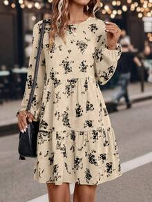 SHEIN LUNE 女式梭织休闲度假印花秋季连衣裙 - 杏色 - 查看 7