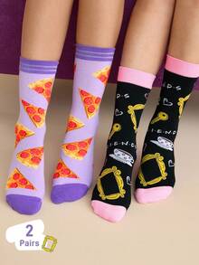 FRIENDS X SHEIN 2Pairs Soft & Breathable Moisture-Wicking Casual Funny Classic Lines Women Mid-Calf Socks Fashionable Cute Purple & Black Crew Socks Reinforced Toe & Heel For Durability All Season All-Match Summer Winter - Multicolor - View 2