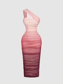 SHEIN MOD 渐变色褶饰紧身中长款单肩网眼连衣裙 - 彩色 - 查看 5