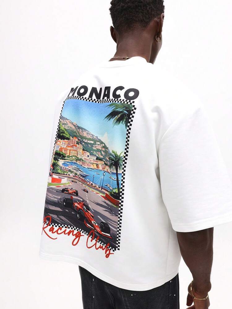 SUMWON T-shirt d'équipage à manches courtes avec imprimé graphique vintage inspiré du club de course de Monaco. Coupe ample décontractée pour les vacances d'été.