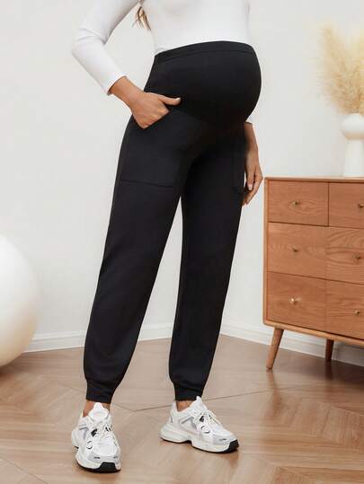 SHEIN Maternity Sports Pants With Pockets And Drawstring Waist