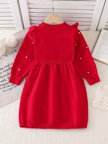 SHEIN Young Girl' Ruffled Beaded Collar Knit A-Line Long Sleeve Dress, Soft & Comfortable For Daily, Outdoor, Travel, Vacation, Home, Daycare Wear Winter Christmas Halloween Toddler Cardigan Sweater Autumn Fall Jumpers Sweaters Tops Dress Dresses Christmas Jumper Cozy Pixies Prepcrw Christmas Outfit Halloween New Born Toddler Fall Winter Dress Halloween Romper Stuff Halloween Jumper Jumper Cardigans Shirts White Cardigan Clean Downtown Off The Shoulder Sweater Outfit Sets Pink Sweater Jacket Cute Fall Outfits Outfits Top Maija Christmas Dress Toddler Fall Dark Purple Skirt Christmas Sweater Fall Sweaters Unisex White Sweater Vest Skirt Sets - Red - View 3
