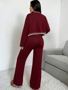 SHEIN EZwear Bộ 2 món áo len cardigan tay dài trễ vai kẻ sọc mùa thu dành cho nữ và quần len thường ngày - Màu Đỏ Sâu - Xem 2