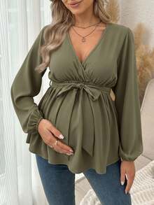 SHEIN قميص أنيق بأكمام فانوس وياقة على شكل V مع حزام للحوامل بلون واحد